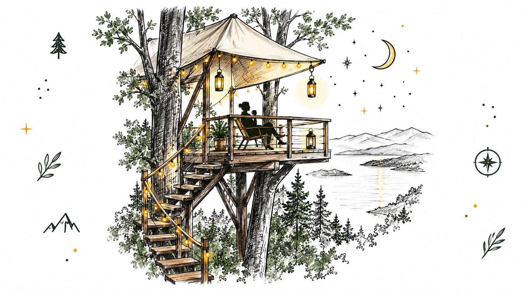 A scenic illustration of a person relaxing on a treehouse balcony overlooking a peaceful lake at night.