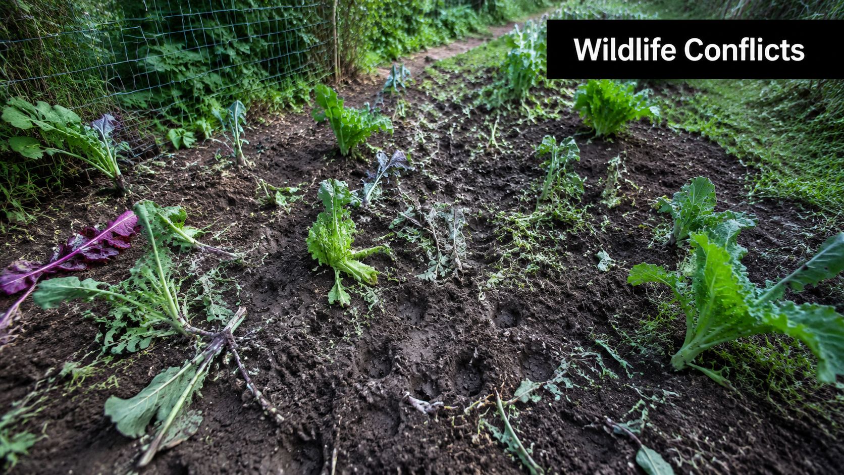 A garden soil bed showing signs of wildlife damage with muddy animal tracks and partially eaten vegetables.