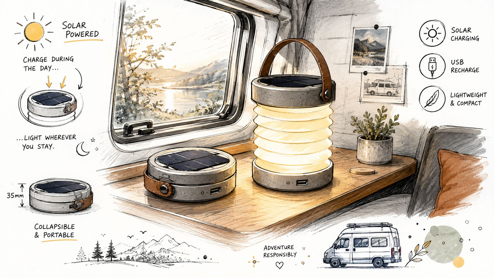 A hand-drawn illustration showing a collapsible, solar-powered lantern designed for use in a cozy campervan setting.
