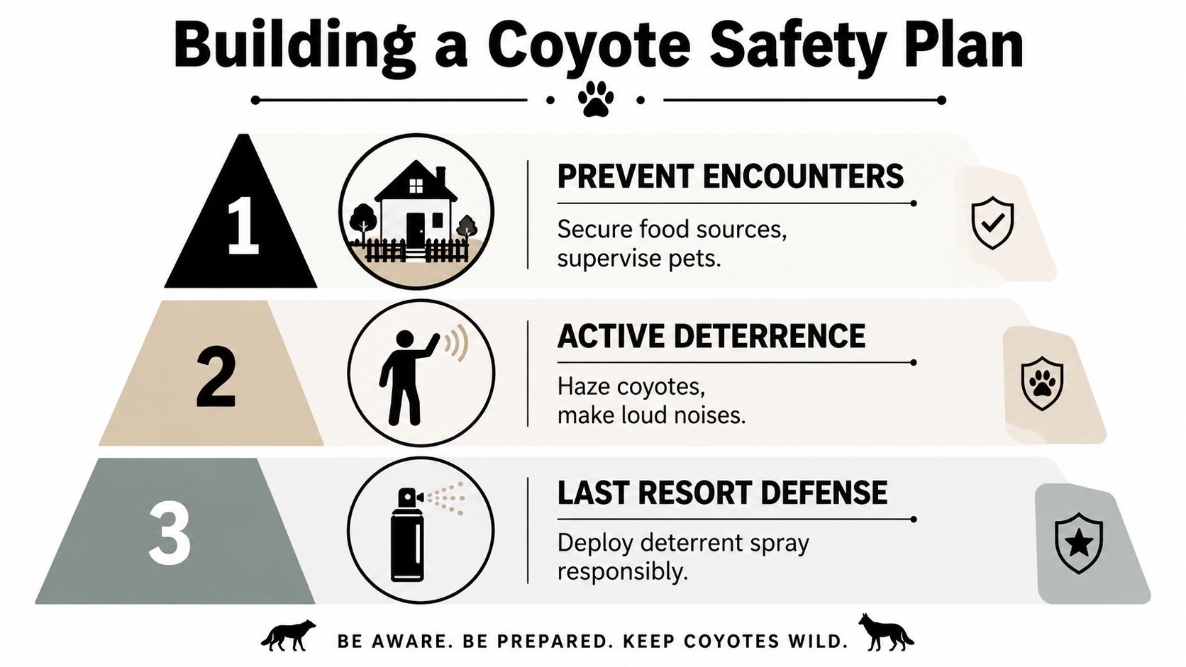 A tiered safety plan infographic providing tips on preventing coyote encounters, active deterrence, and emergency defense measures.