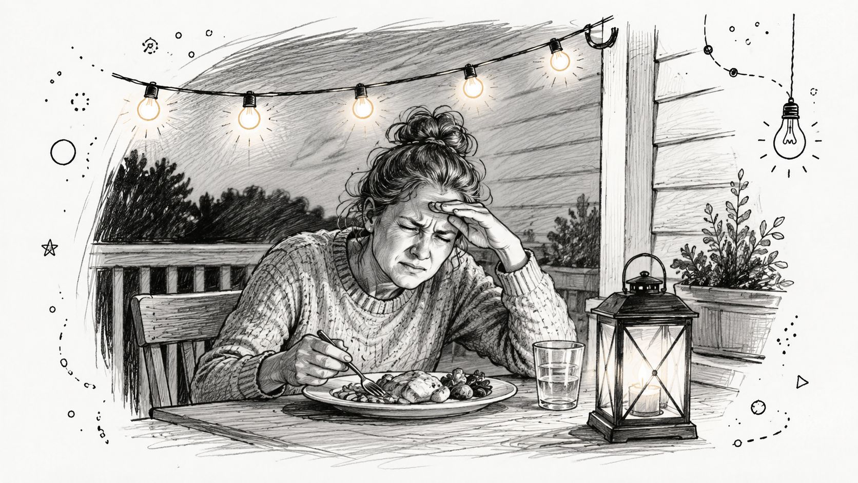 A woman sits at an outdoor table feeling stressed while dining under string lights on a porch.