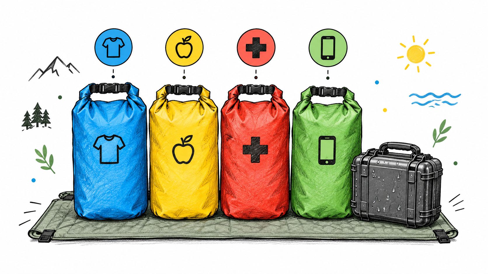 Four colored dry bags for clothes, food, medical, and electronics alongside a protective case on a mat.