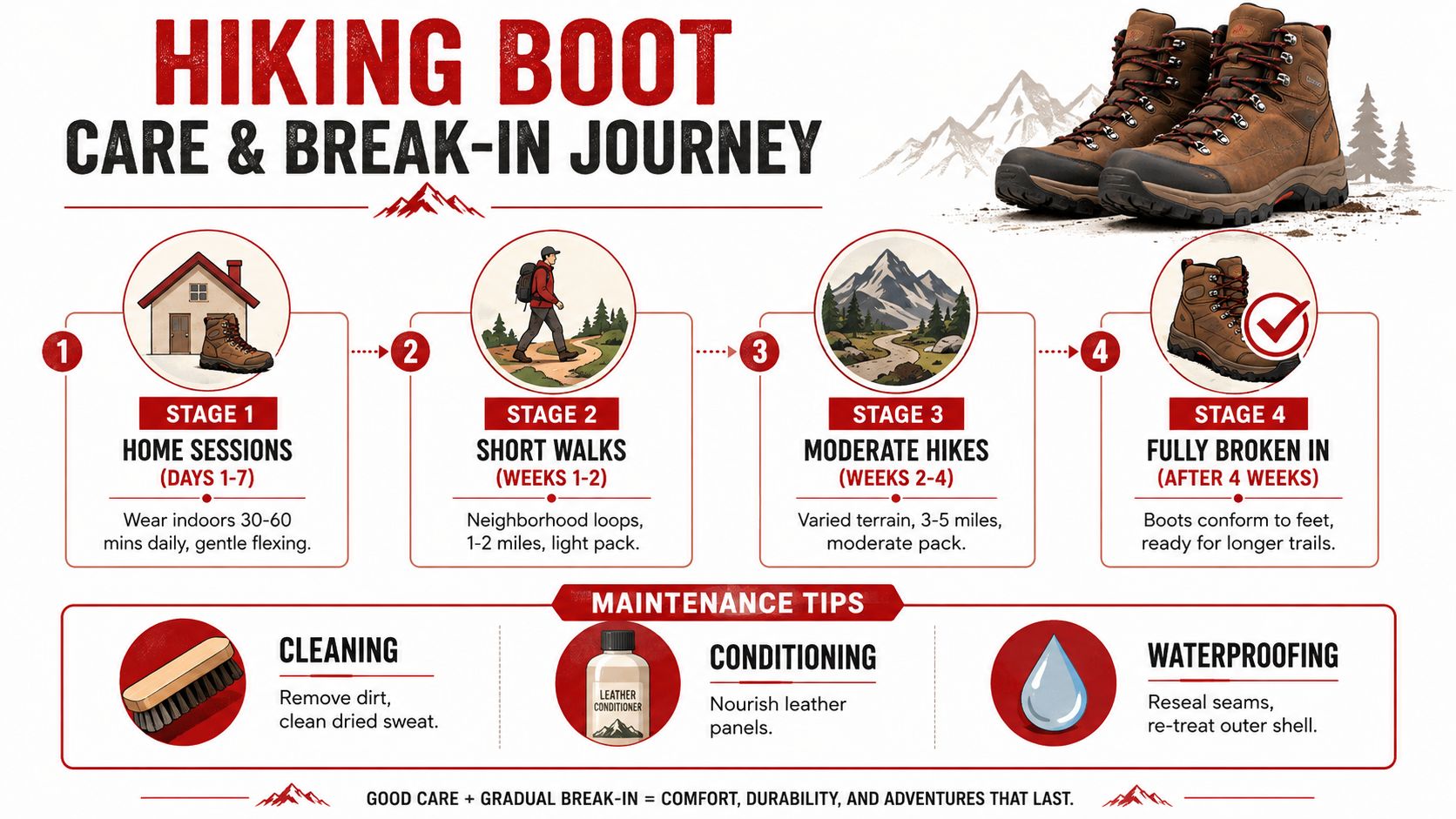 An infographic detailing a four-stage process for breaking in new hiking boots and maintenance tips for longevity.