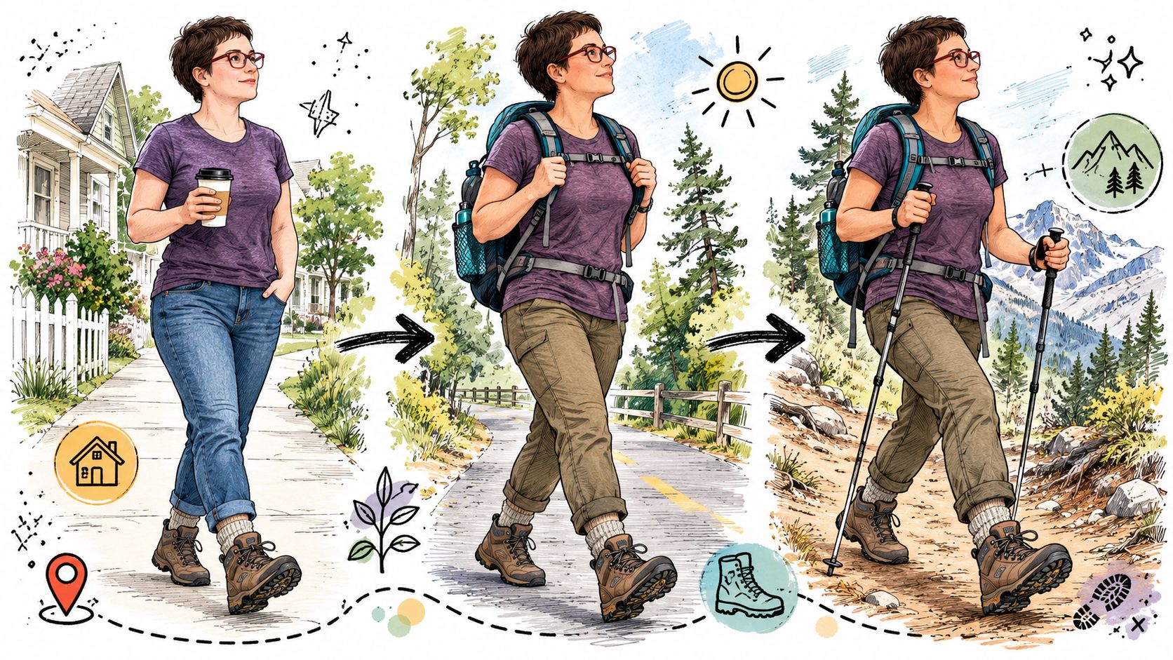 A woman illustrates the process of breaking in hiking boots, progressing from neighborhood walks to mountain trails.