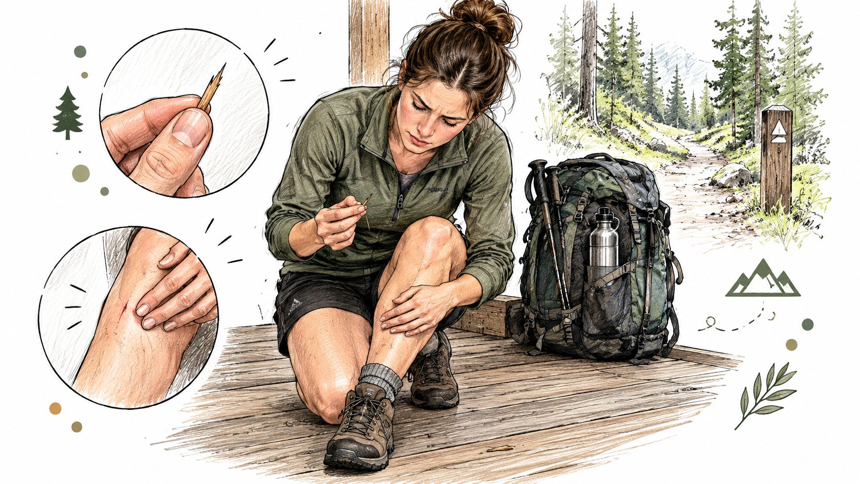A female hiker removes a wooden splinter from her leg while sitting on a wooden deck outdoors.