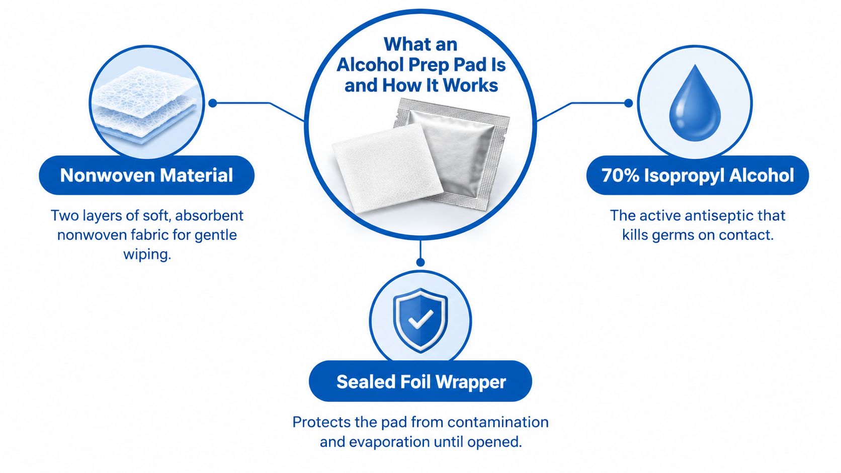 A diagram explaining that alcohol prep pads consist of soft nonwoven material, 70% isopropyl alcohol, and sealed packaging.