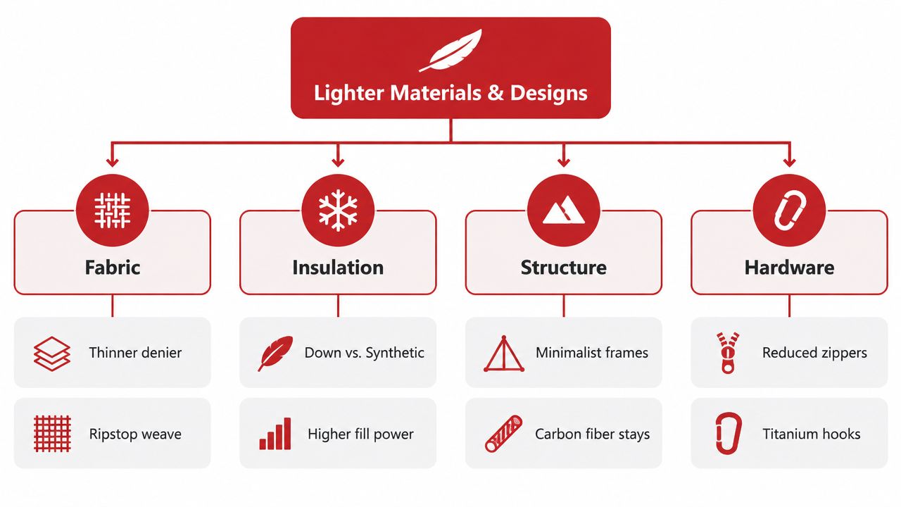 A diagram illustrating four categories for achieving lightweight backpacking gear: fabric, insulation, structure, and hardware improvements.