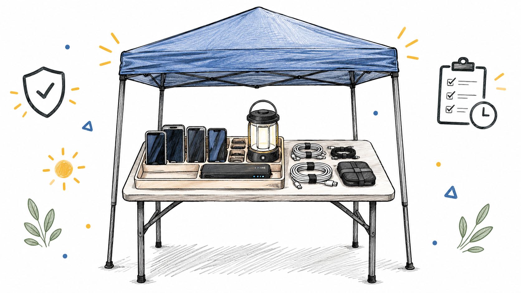 A hand-drawn illustration of a camping table under a blue canopy featuring smartphones, chargers, and lanterns.