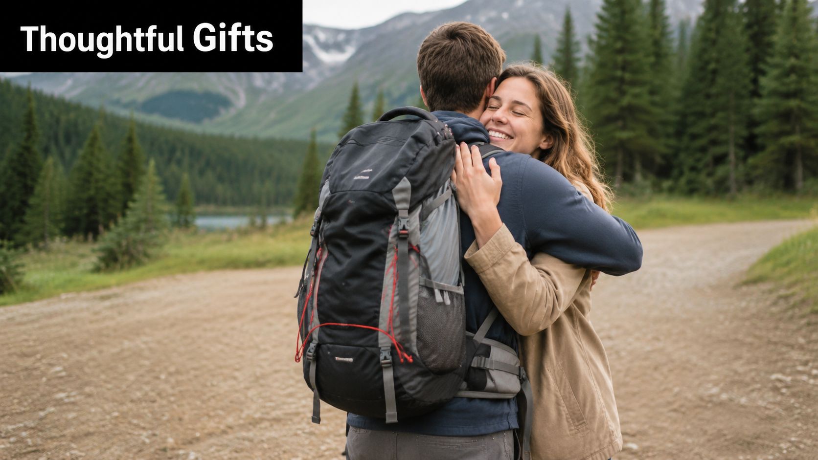A woman affectionately hugging a man wearing a large hiking backpack in a scenic mountain landscape setting.