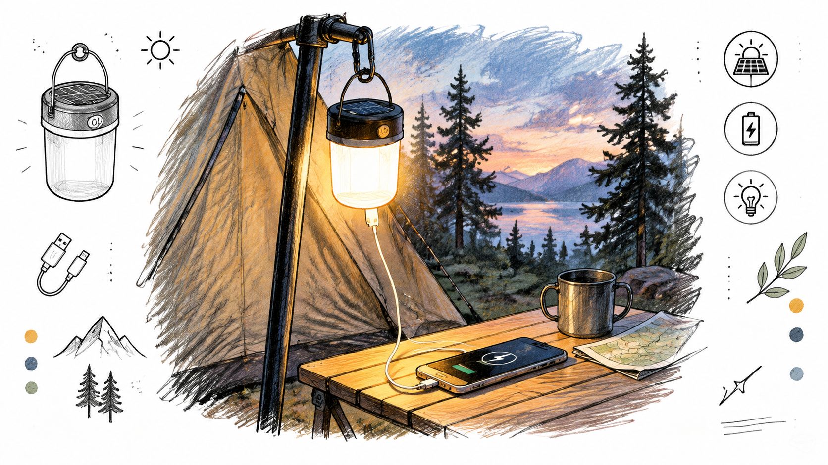 A solar camping lantern charging a smartphone on a wooden table outside a tent in nature.