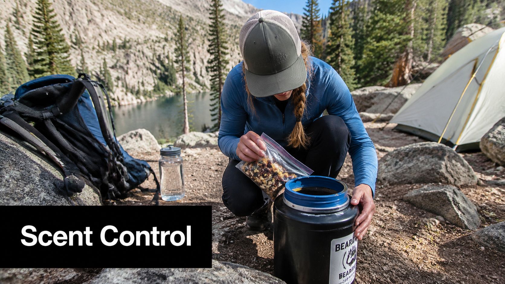A woman camping in the mountains puts a bag of food into a bear resistant canister.
