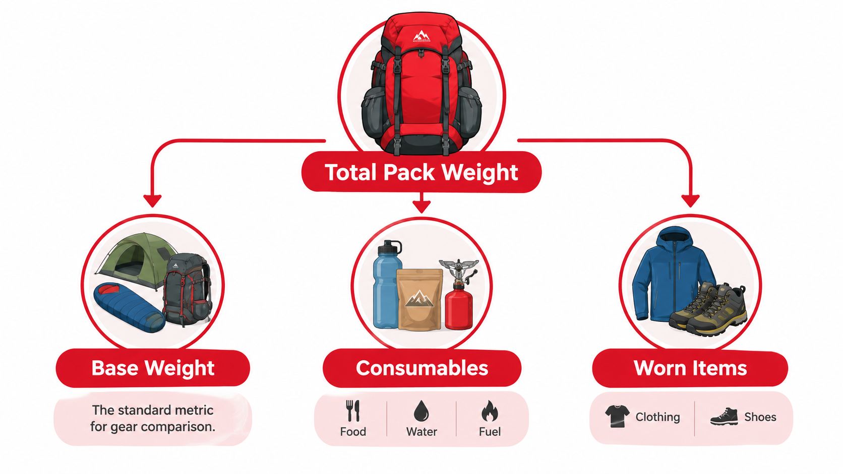 An infographic showing the components of backpacking pack weight: base weight, consumables, and worn items.