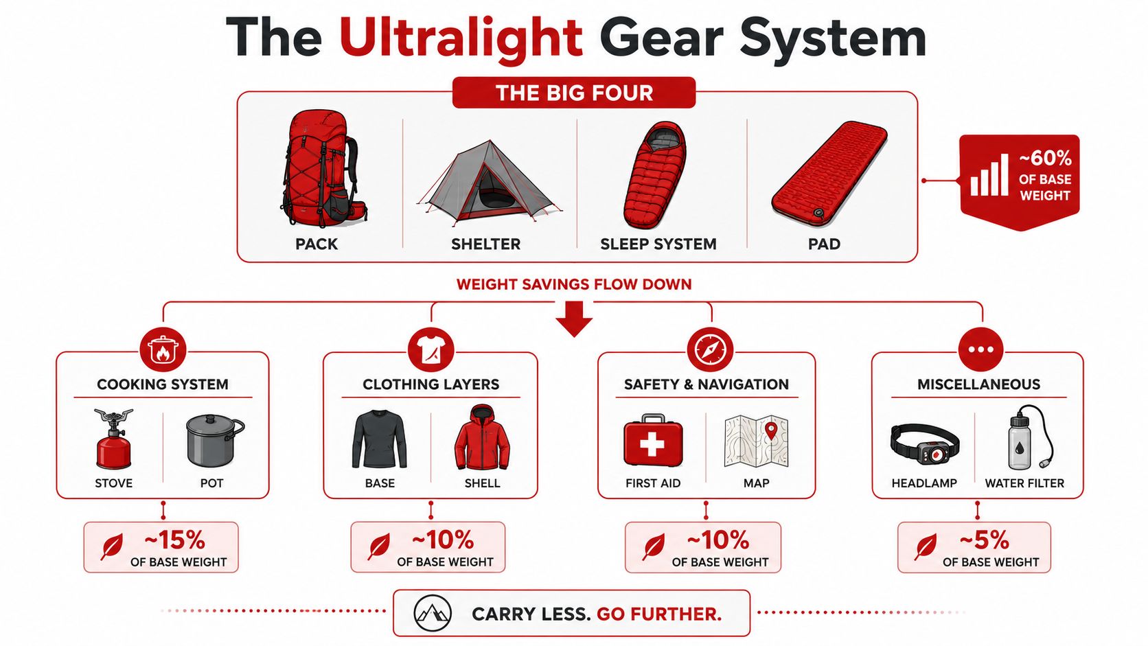 A diagram outlining the components of an ultralight backpacking gear system, highlighting major weight-saving equipment categories.