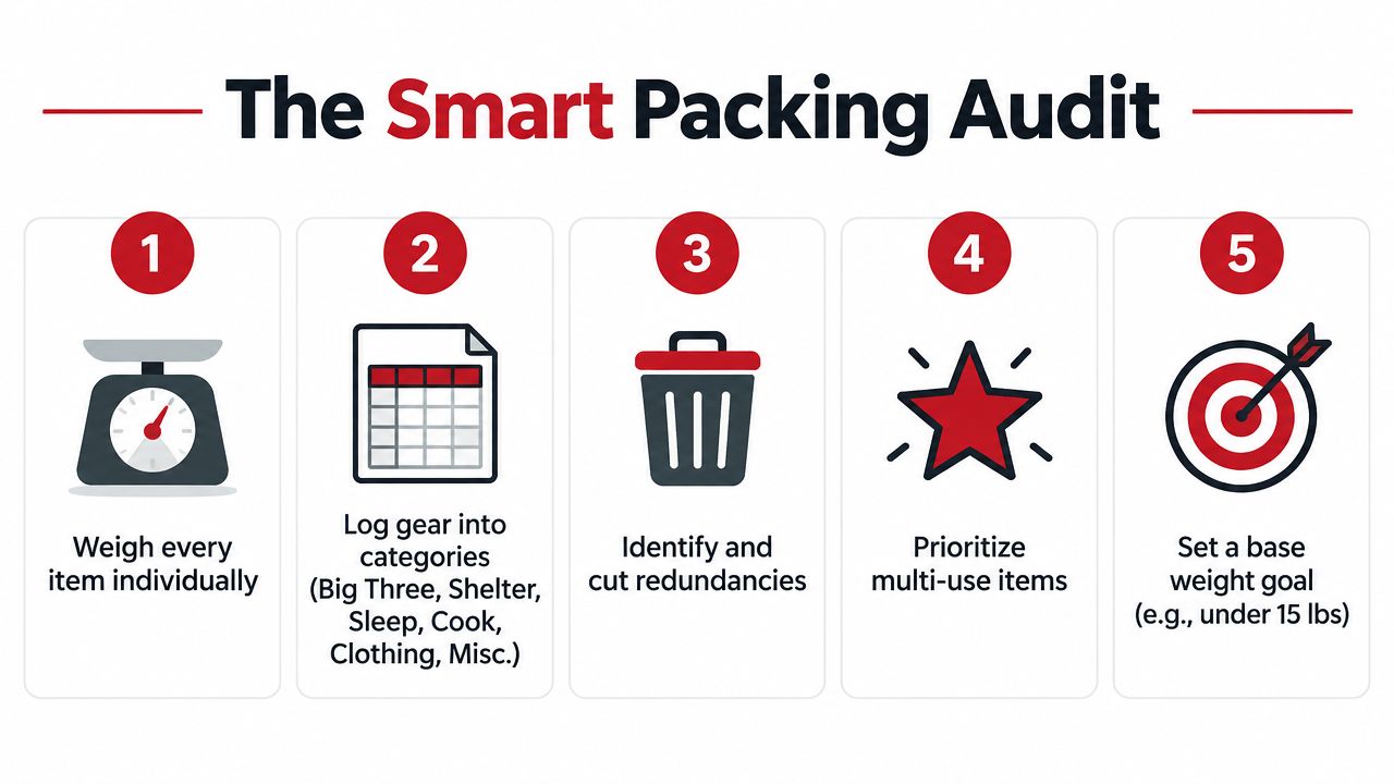 An infographic detailing five steps for a smart backpacking gear audit to achieve a lighter pack weight.