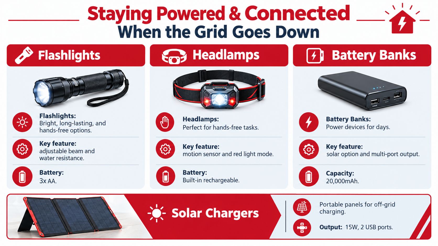 A graphic guide illustrating essential emergency gear including flashlights, headlamps, battery banks, and portable solar chargers.