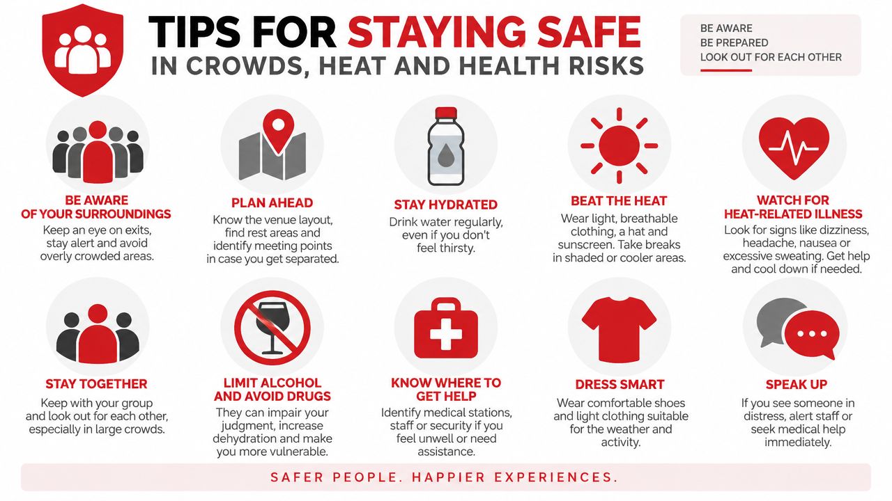 An infographic titled Tips for Staying Safe providing advice on hydration, crowd safety, and health for events.