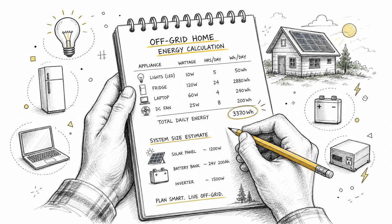 A hand-drawn illustration showing a person calculating energy requirements for an off-grid solar power system.