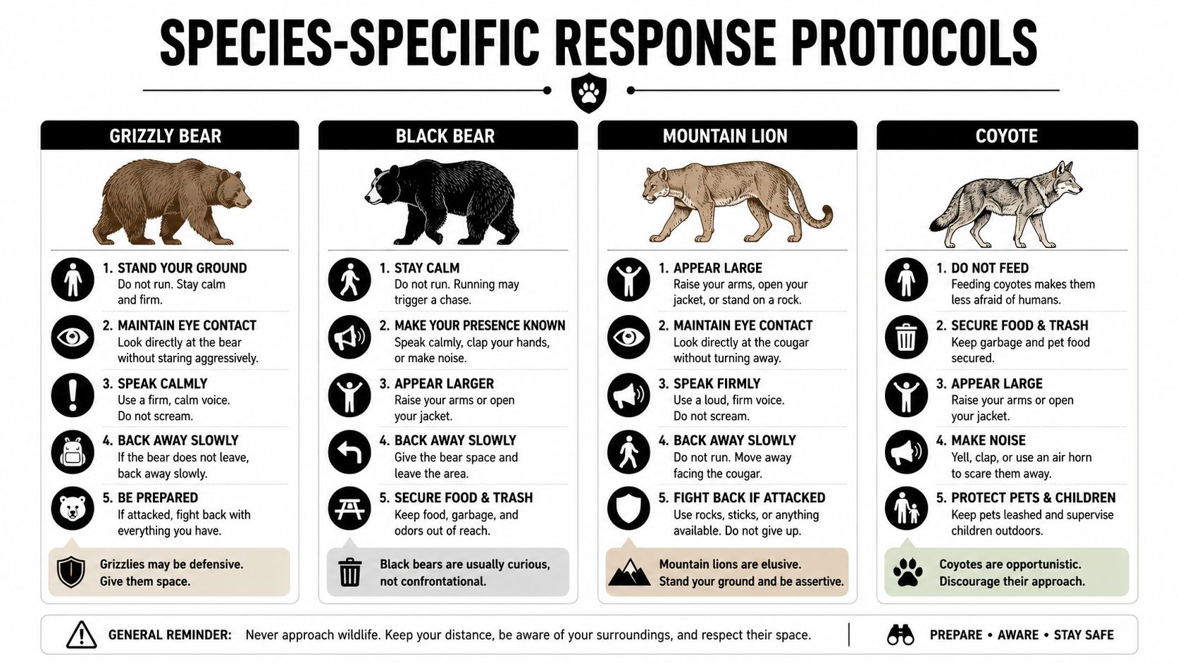 An educational infographic outlining safety protocols for interacting with grizzly bears, black bears, mountain lions, and coyotes.