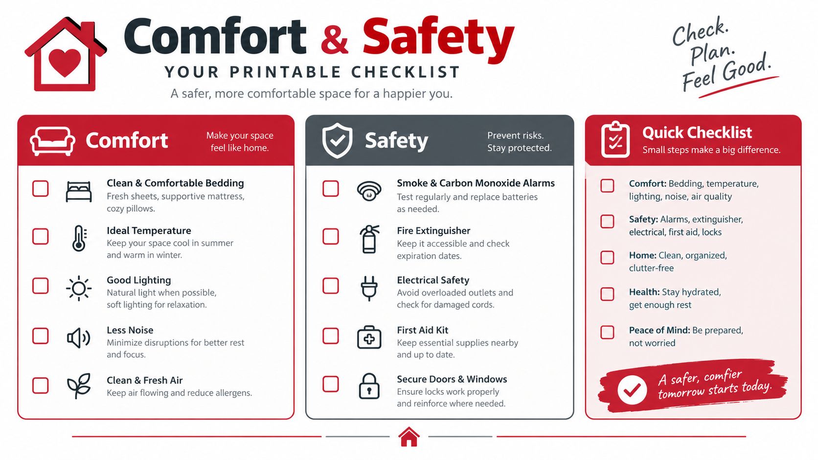 A printable checklist highlighting essential comfort and safety tasks to maintain a happy and protected home environment.