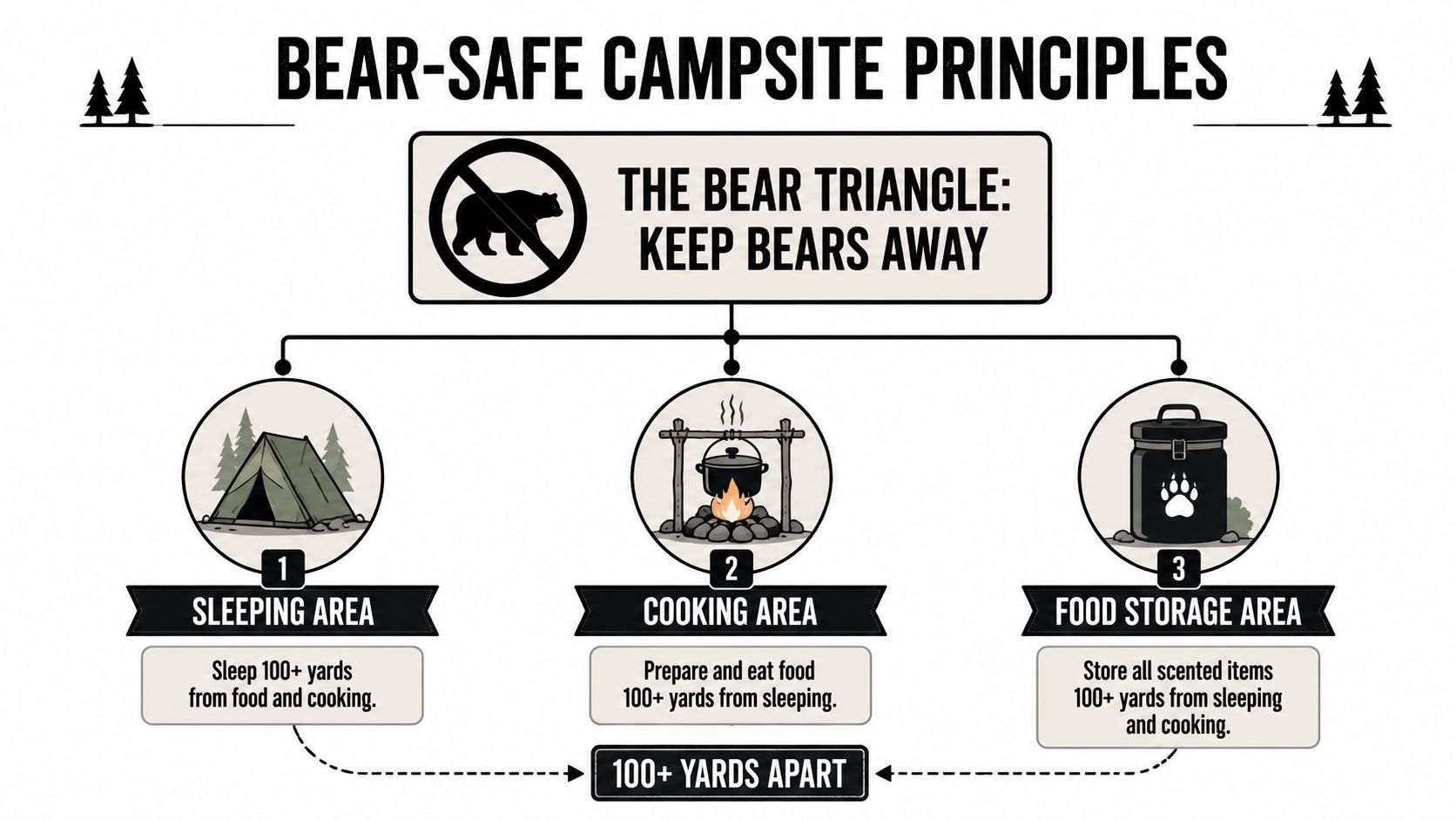 An infographic illustrating the bear triangle camping method, showing three distinct areas spaced 100 yards apart.