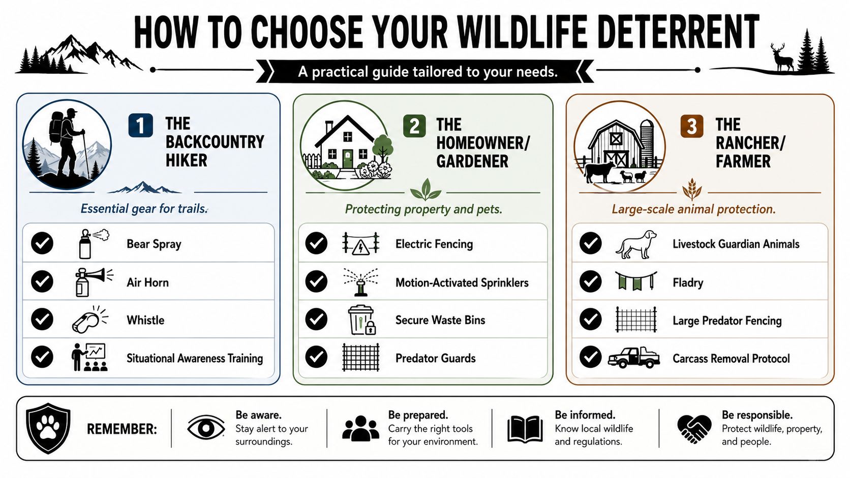 A helpful infographic guide detailing recommended wildlife deterrent tools for hikers, homeowners, and ranchers.
