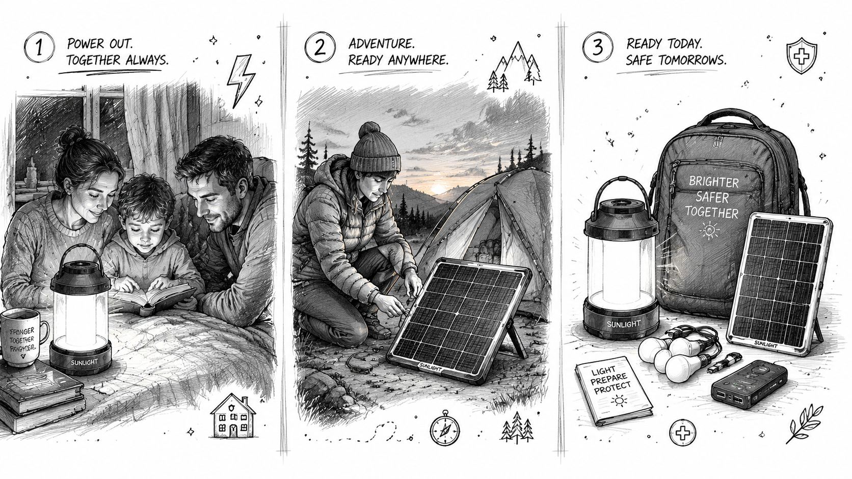 A three-part illustration showing a family using portable solar lighting for home emergencies, camping, and preparedness.