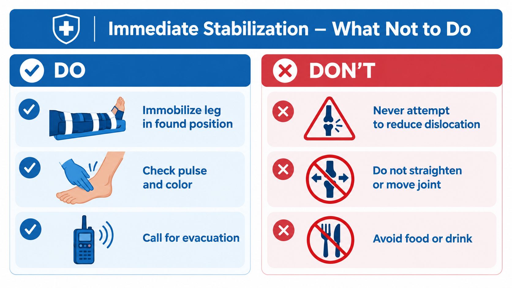 An infographic showing first aid DOs and DON'Ts for immediate stabilization of a dislocated knee injury.