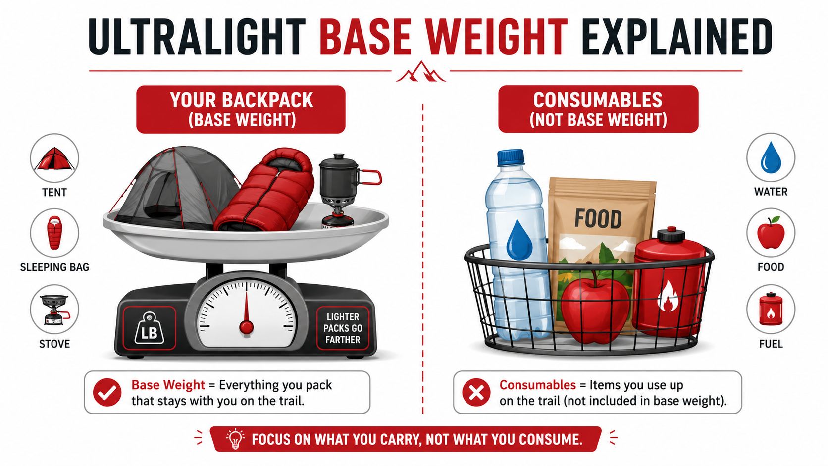 A visual guide explaining the difference between ultralight backpacking base weight items and consumable supplies.