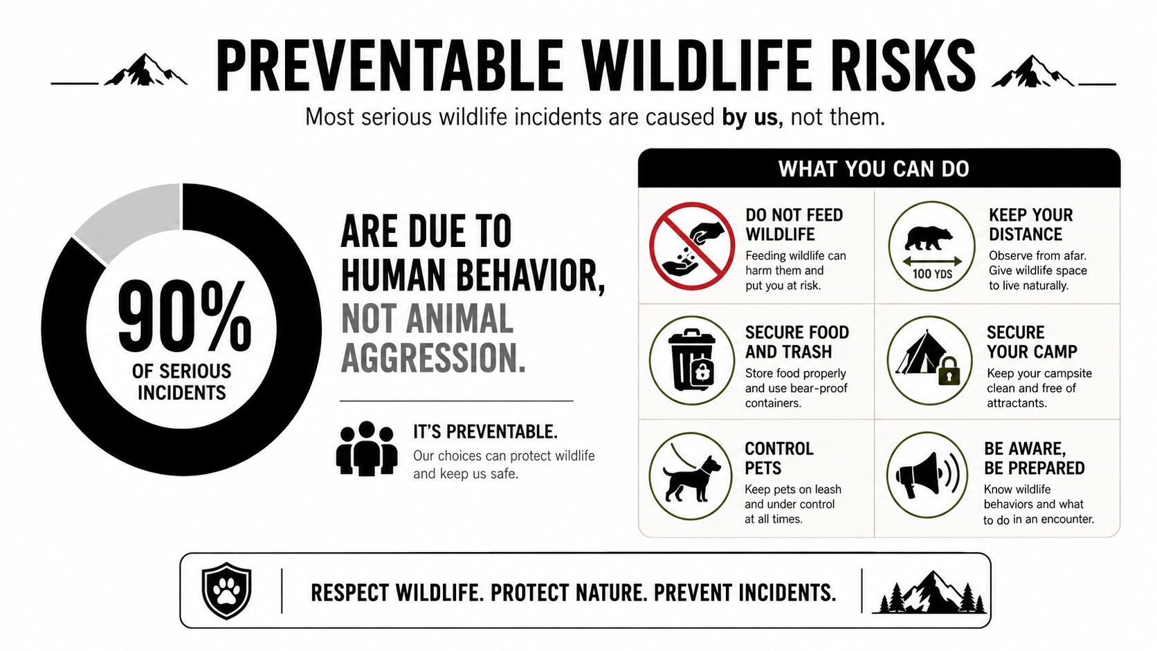 An infographic titled Preventable Wildlife Risks showing safety tips to avoid dangerous interactions with wild animals.
