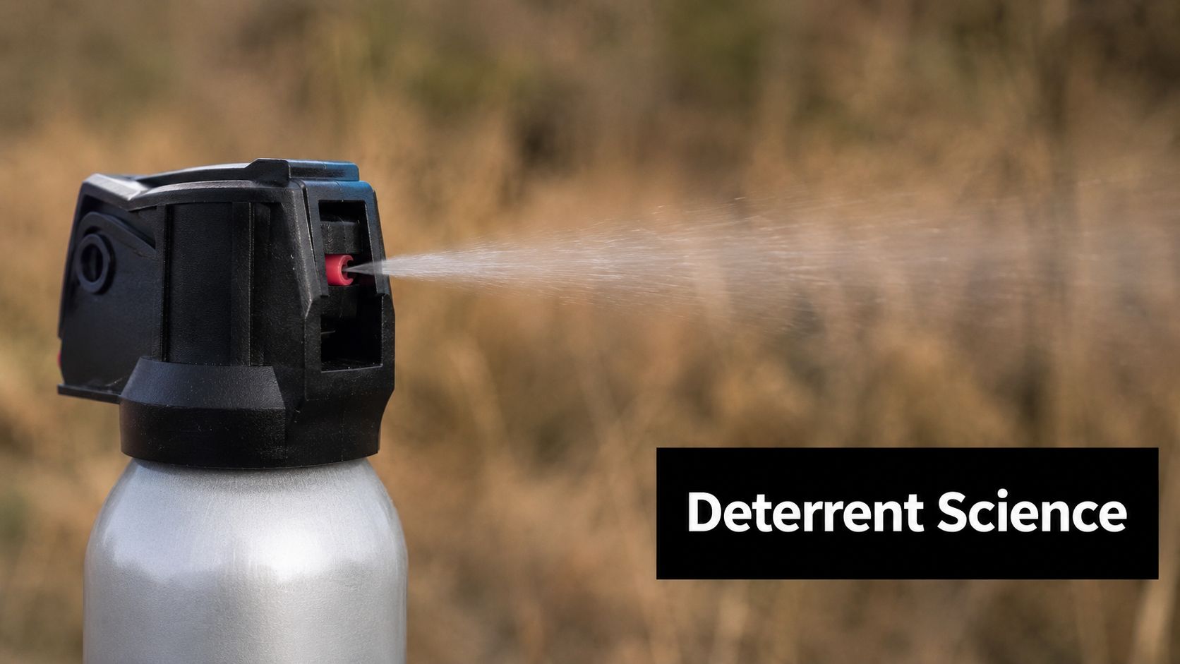 A close-up shot of a bear spray canister releasing a mist against a blurry brown natural background.