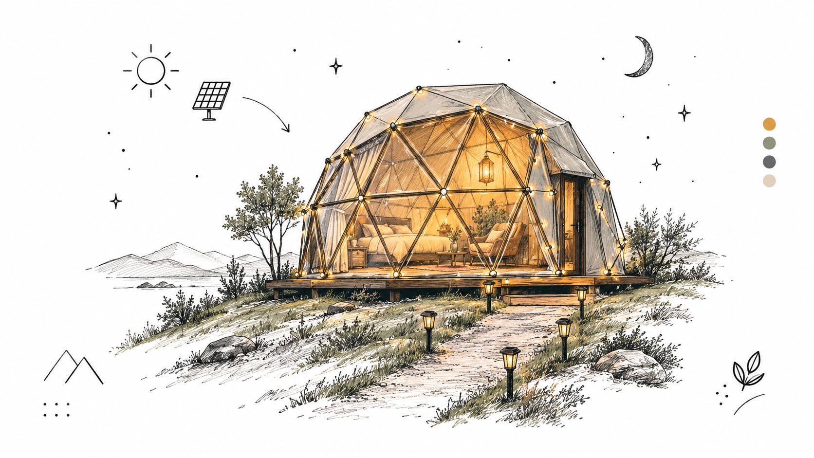 A hand-drawn illustration of a modern geodesic glamping dome situated on a hillside with solar power features.