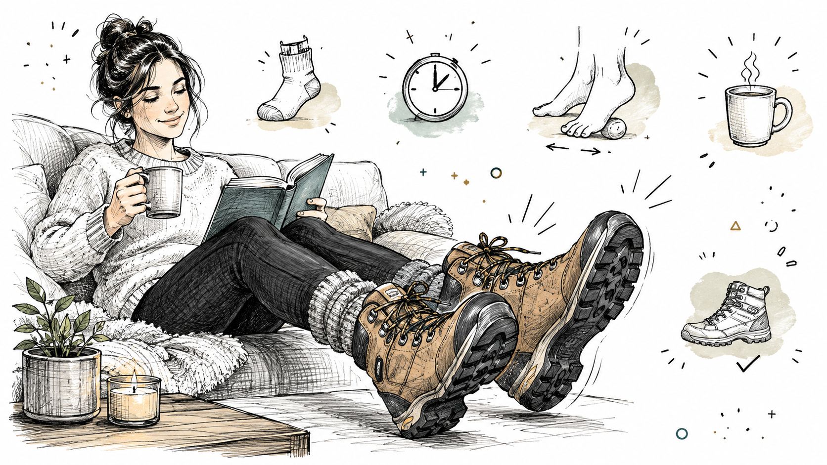A cozy illustration showing a woman relaxing with a book, tea, and tips for breaking in hiking boots.