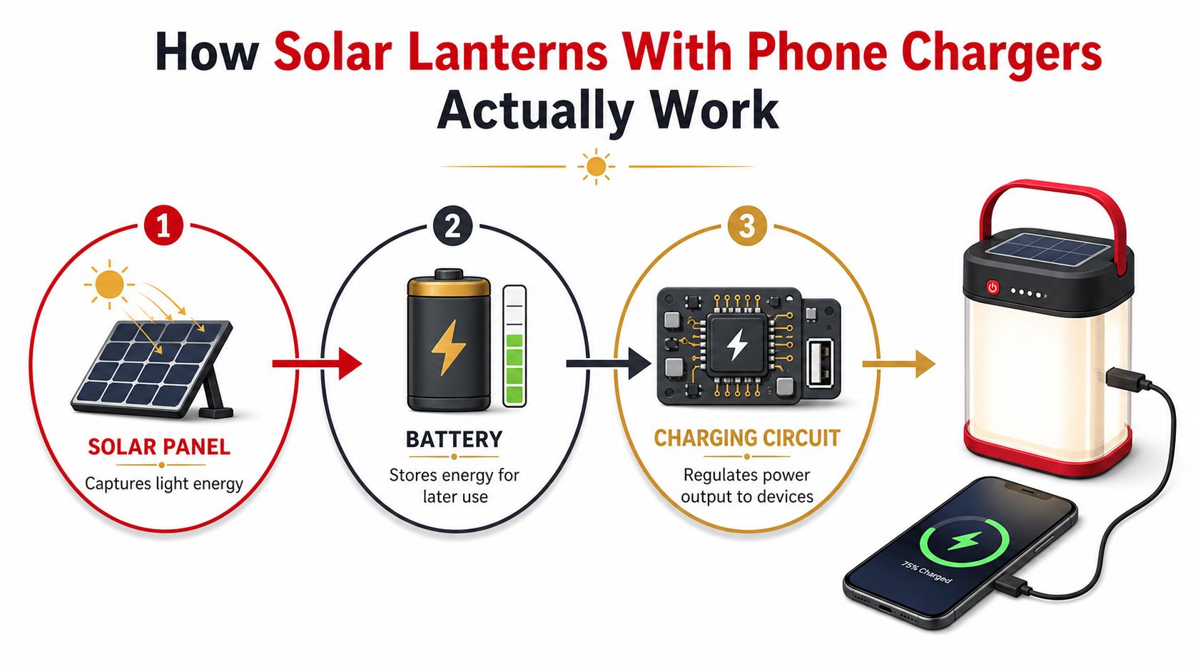 A diagram illustrating how solar lanterns with phone chargers function in three simple steps from power capture.
