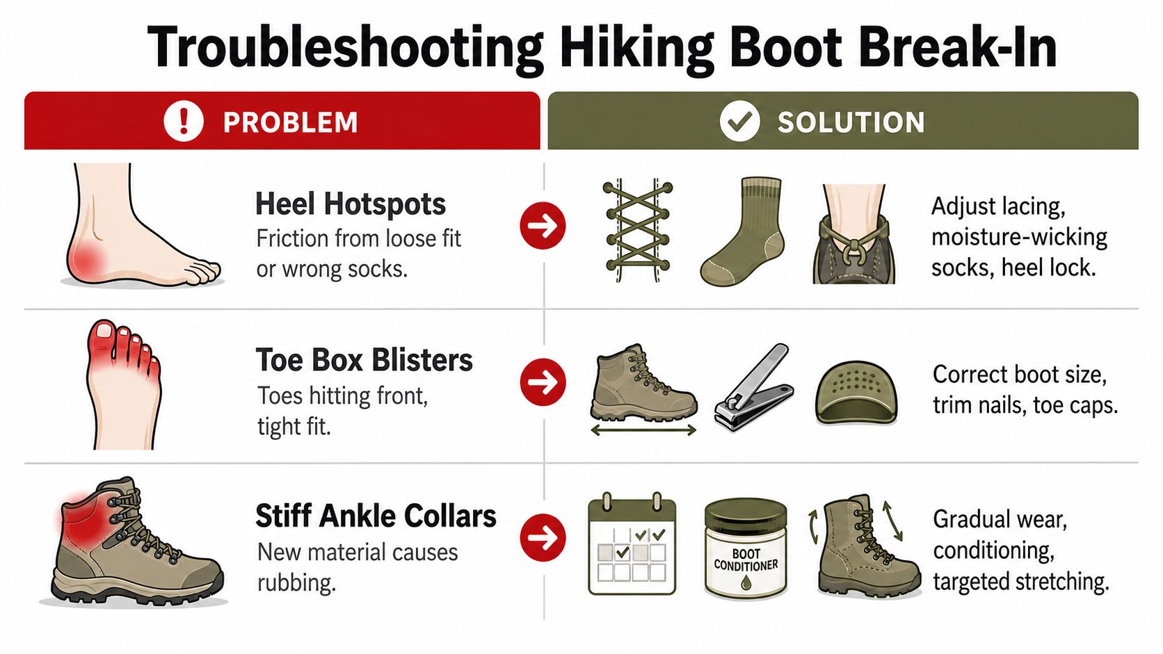 A troubleshooting infographic illustrating solutions for common hiking boot break-in issues like heel hotspots, toe blisters, and stiff collars.