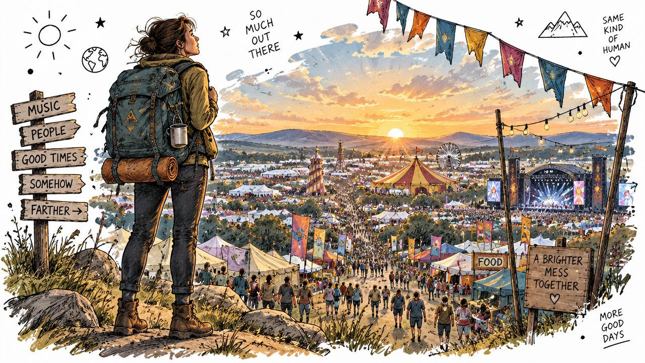 A traveler with a backpack looks out over a vibrant, sunny outdoor music festival during sunset.