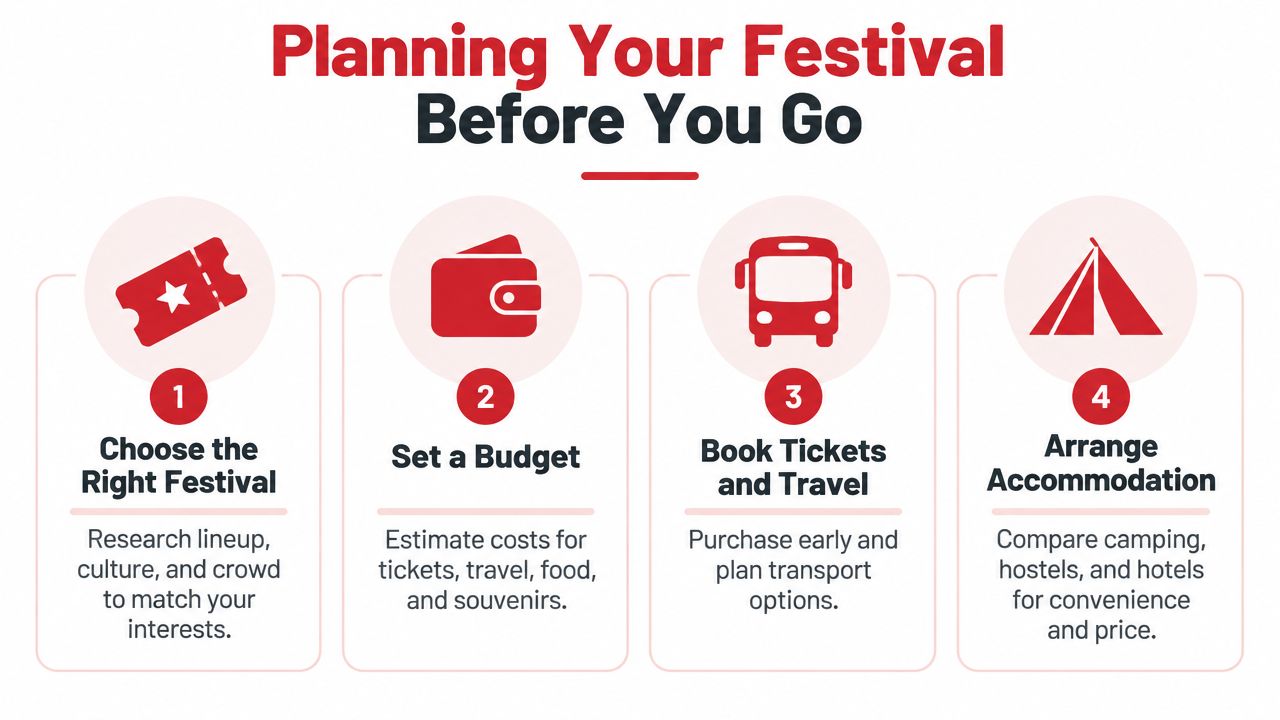A four-step infographic providing tips for planning a festival trip, including budgeting, booking, and accommodation.