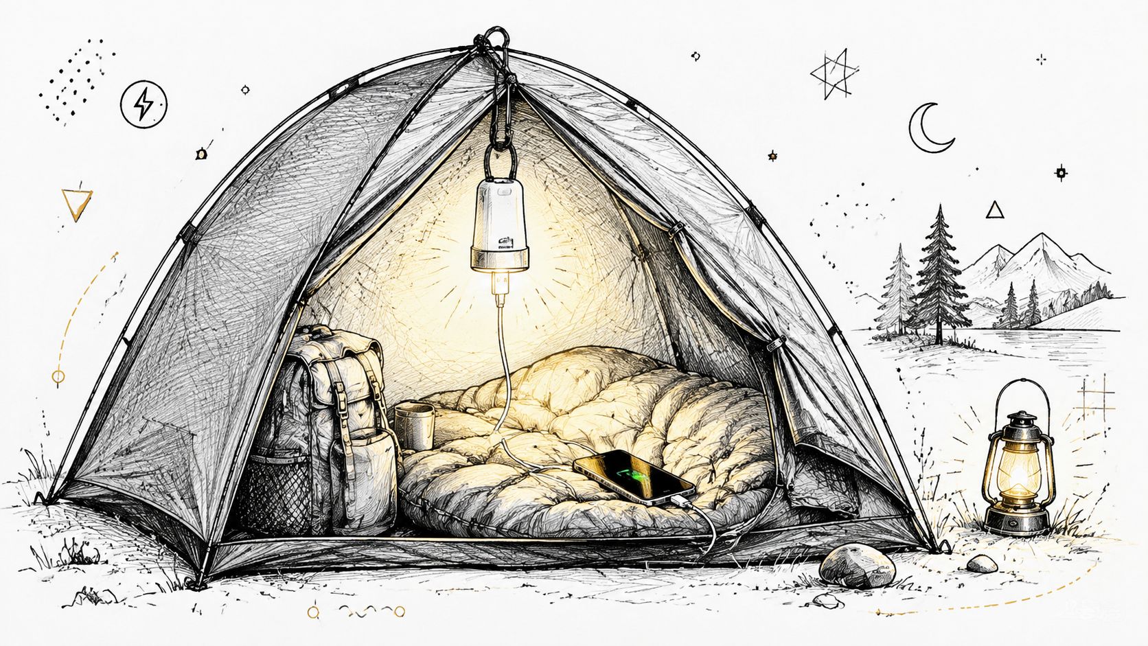 A hand-drawn sketch of a tent at night with a lamp charging a smartphone on a bed.