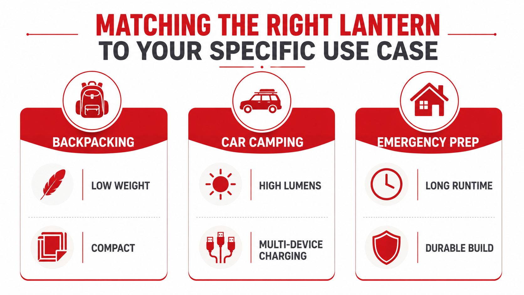 An infographic showing how to select the right lantern for backpacking, car camping, or emergency preparedness.