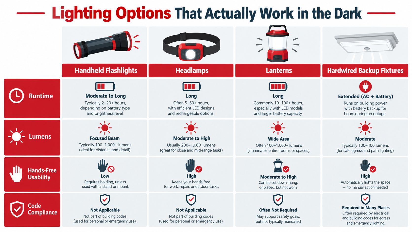 A comparison chart showing various emergency lighting options, including flashlights, headlamps, lanterns, and hardwired backup fixtures.