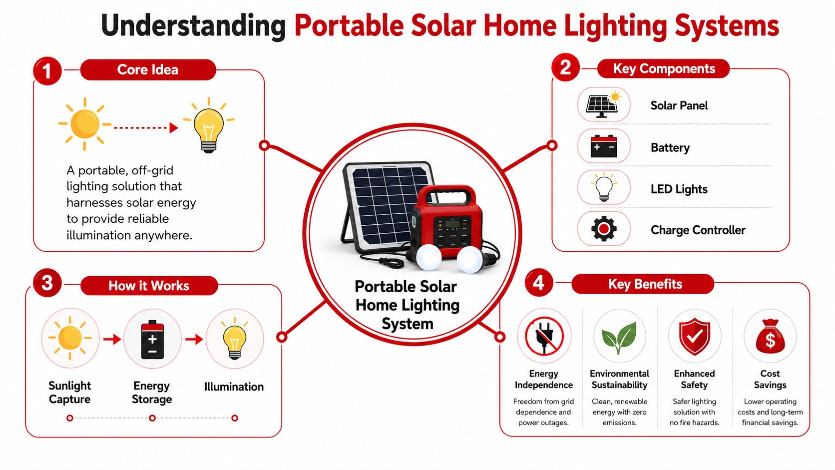 A diagram illustrating the core components, benefits, and operation of a portable solar home lighting system.