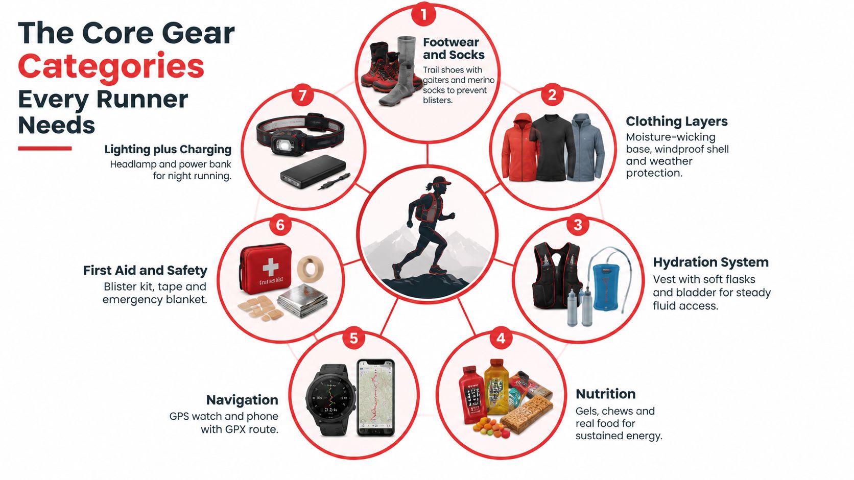 A guide showing the seven essential gear categories for runners including footwear, clothing, hydration, and safety.