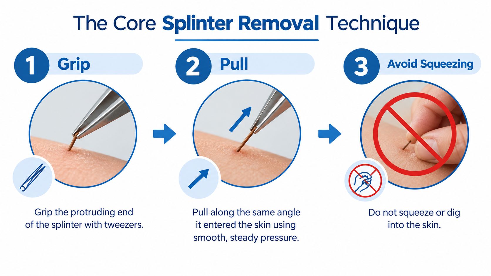 An infographic showing the three steps to remove a splinter safely using a pair of tweezers.