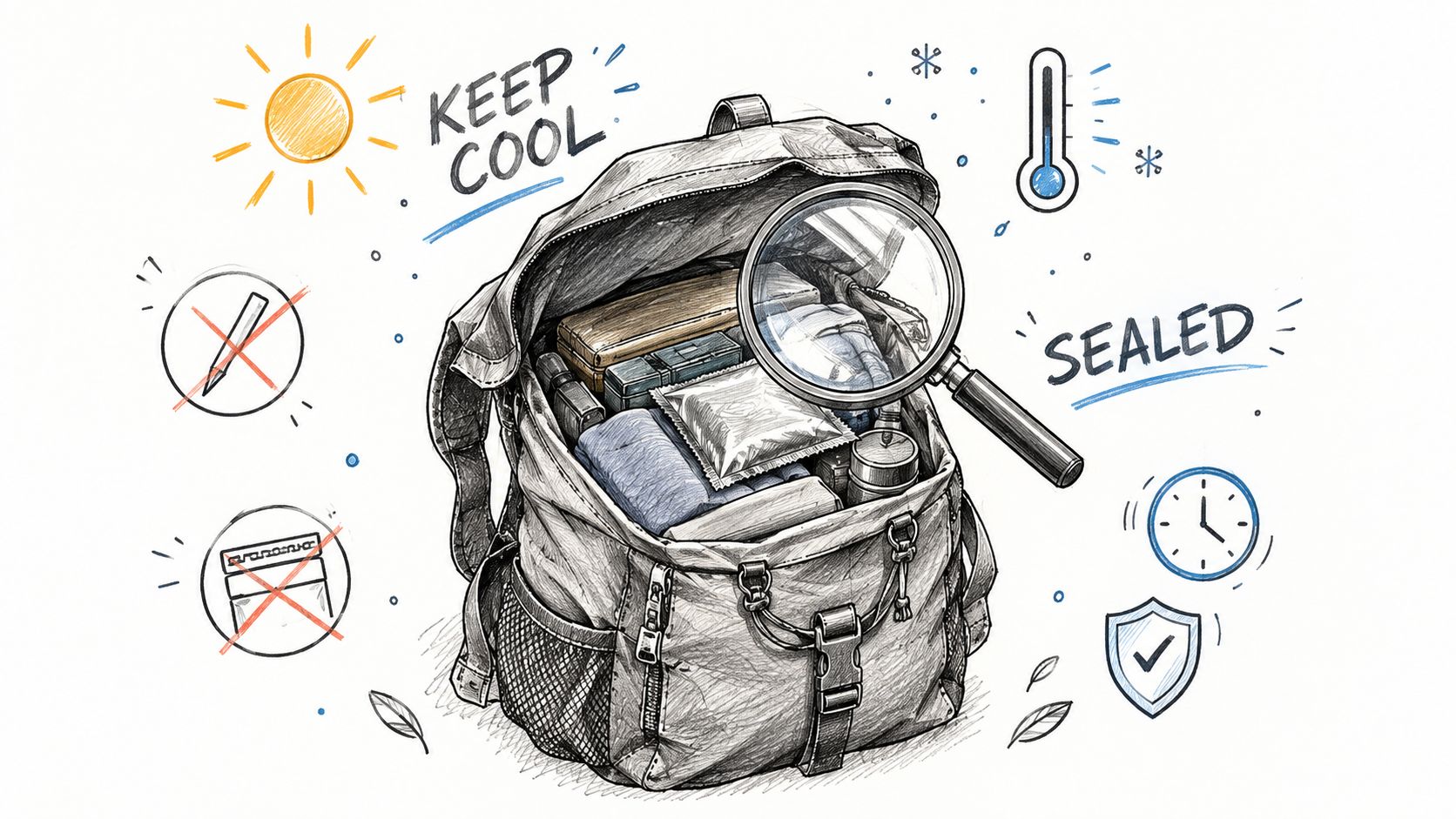 A pencil sketch of an open backpack containing medical supplies and items under a magnifying glass.