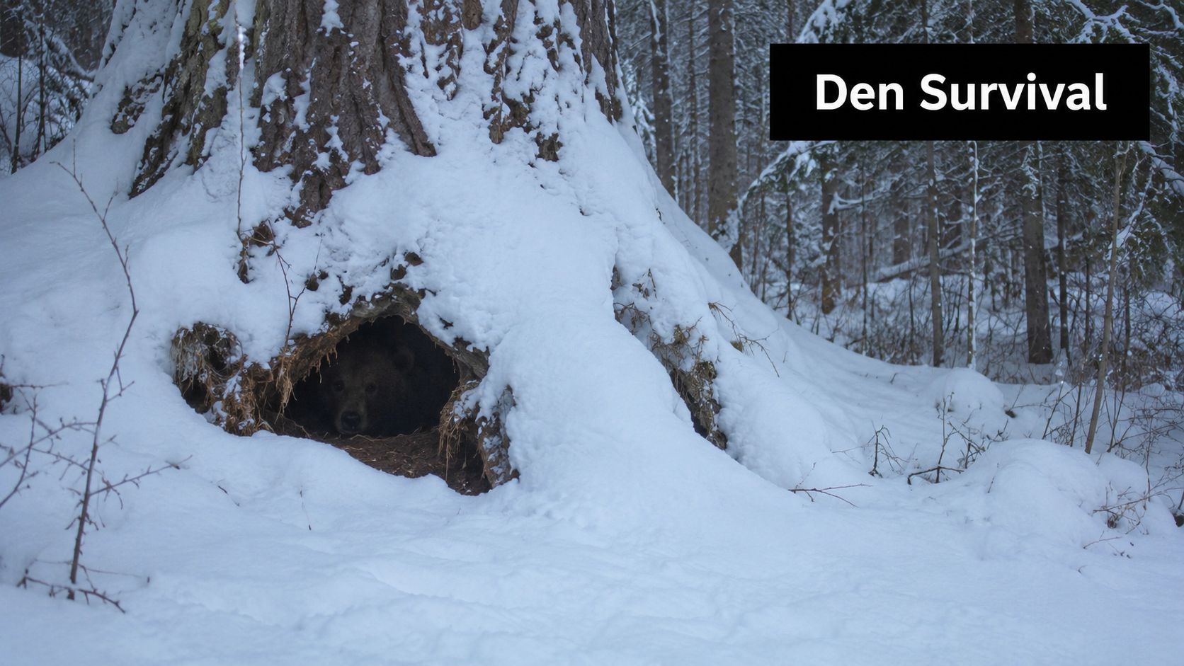 A brown bear resting inside a snow-covered den at the base of a large tree in winter.