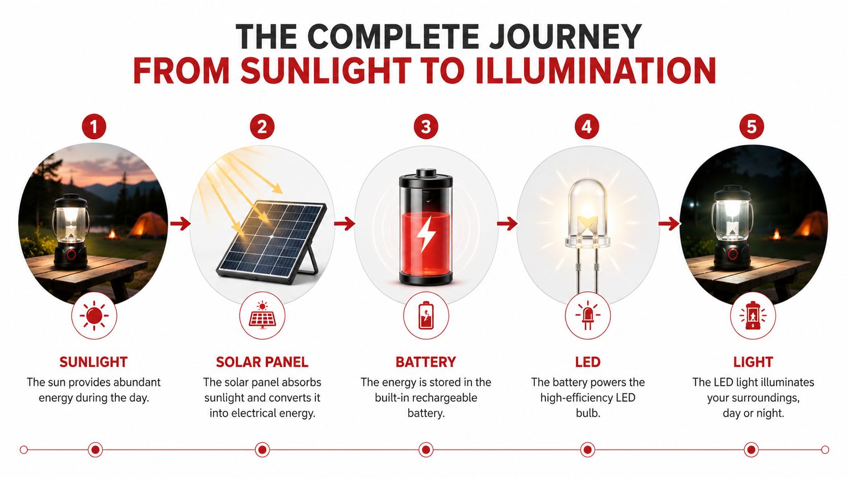 A five-step infographic showing how sunlight converts to energy to power a solar-powered LED lantern.