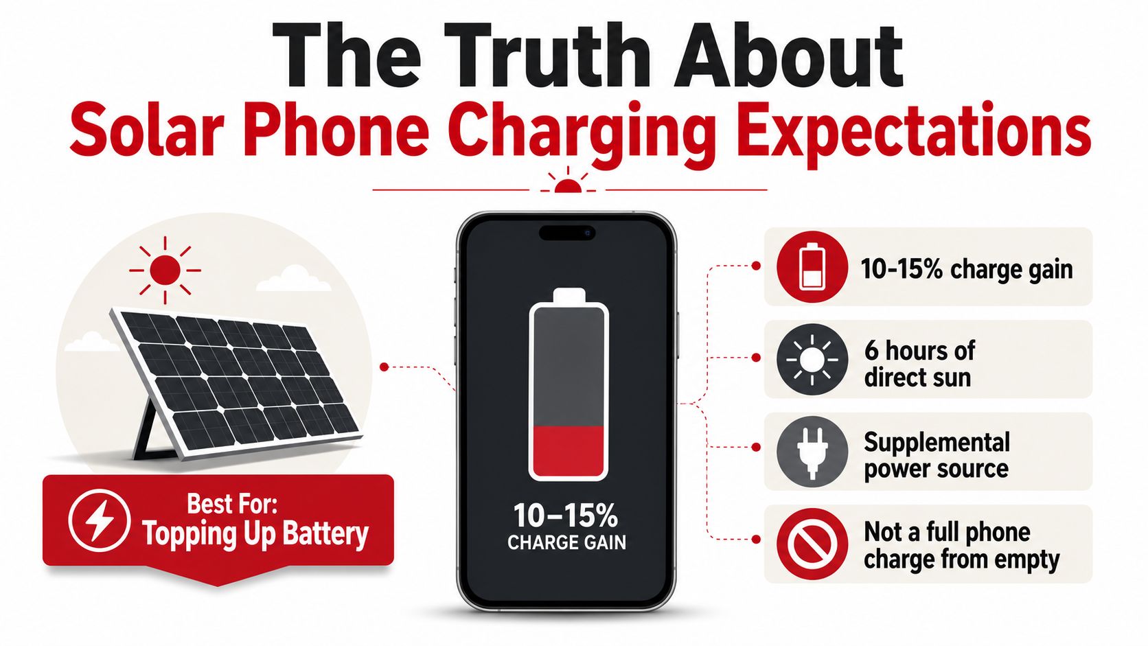 An infographic illustrating that small solar panels provide limited phone charging, suitable for topping up battery levels.