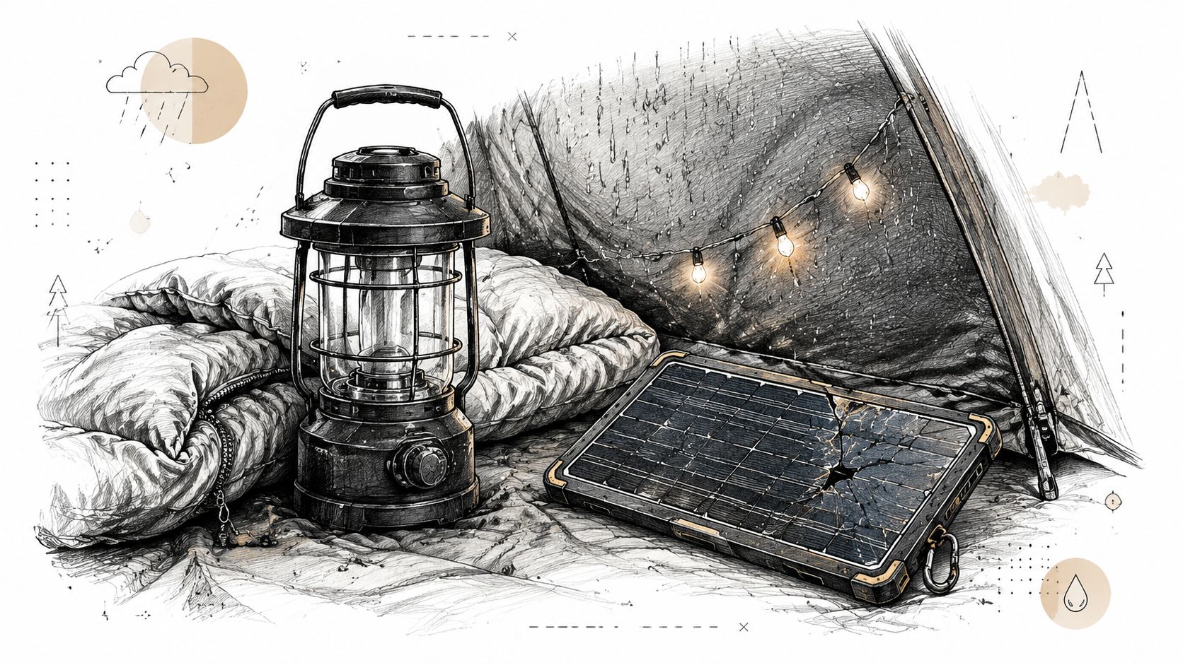 A camping lantern and a damaged portable solar panel inside a rain-covered tent during a storm.