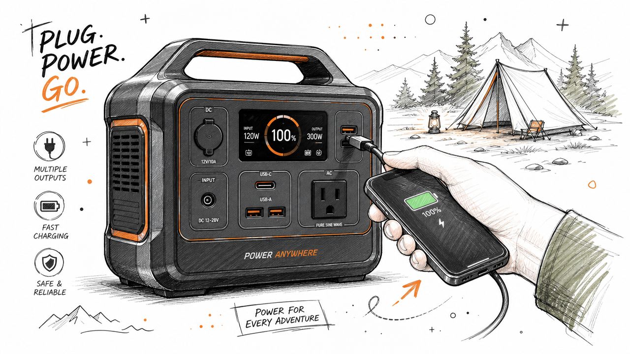 A portable power station charging a smartphone in a beautiful mountain campsite setting with a tent.