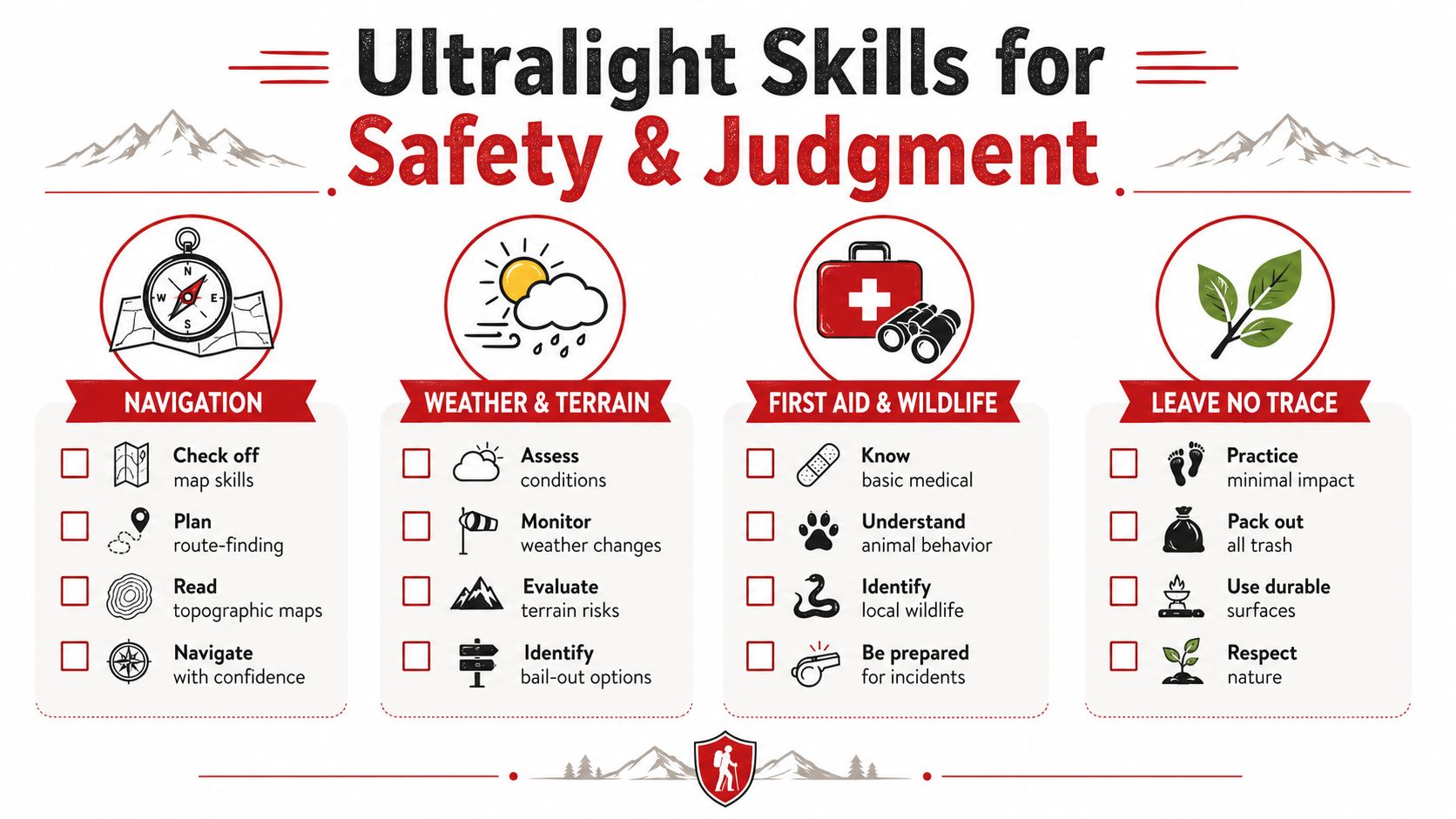 An infographic titled Ultralight Skills for Safety & Judgment detailing essential hiking navigation, weather, safety, and ethics.