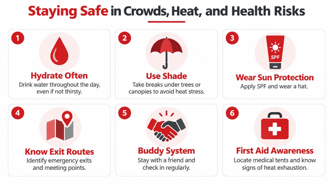A safety infographic titled Staying Safe in Crowds, Heat, and Health Risks with six numbered tips for outdoor events.